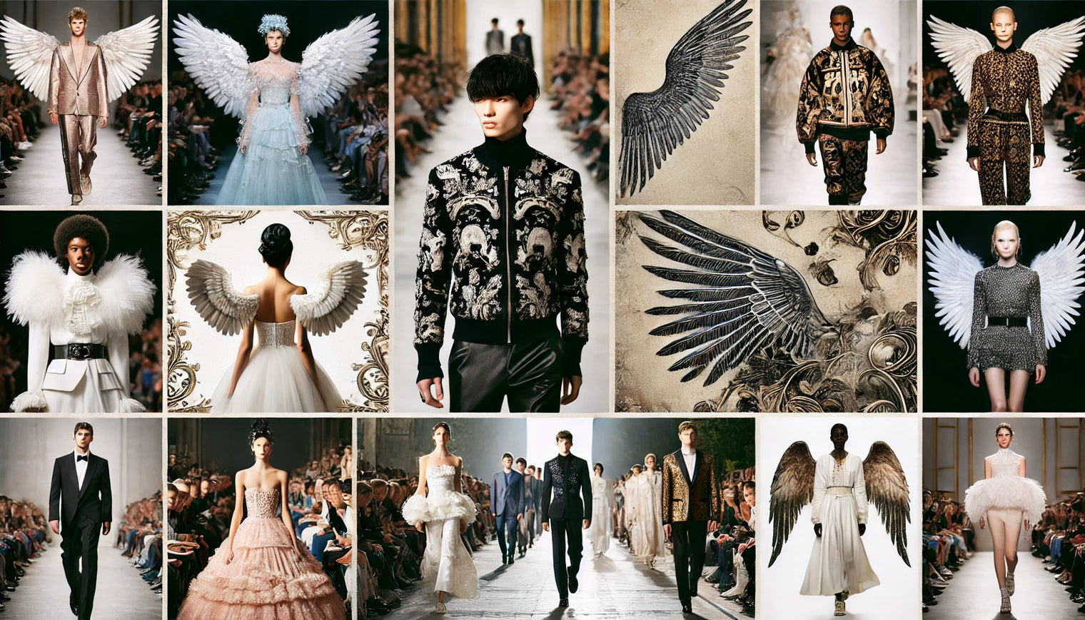 models wearing high-fashion designs with angel wings