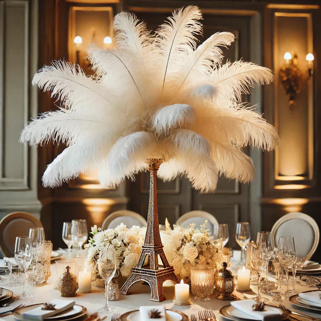 Elegant ostrich feather centerpiece in a tall Eiffel Tower vase