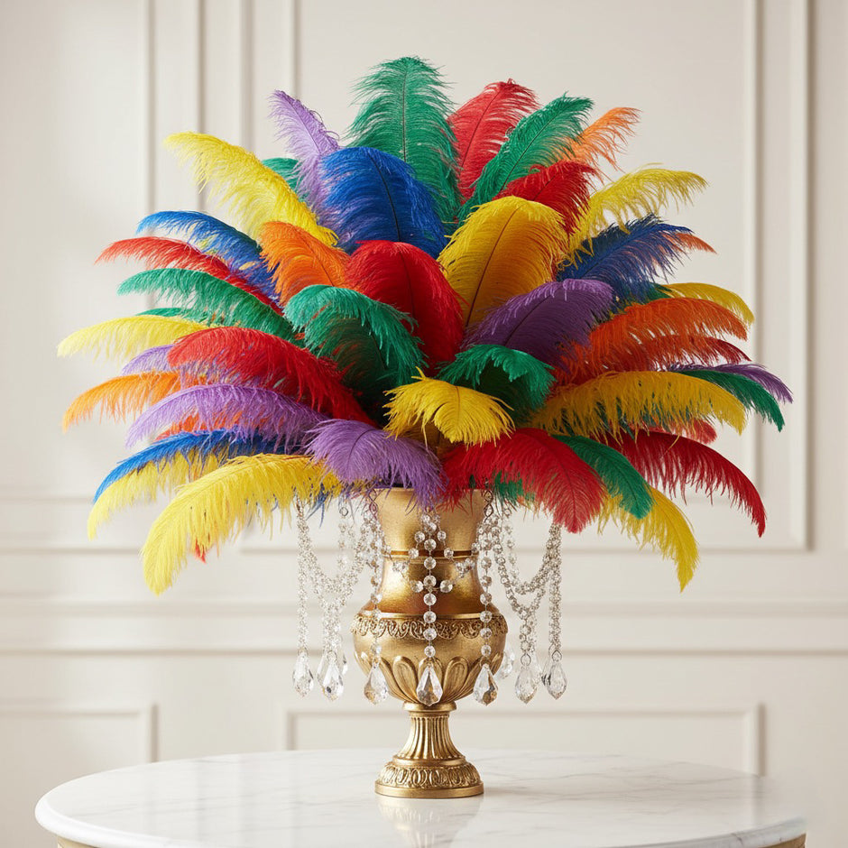 Colorful feather arrangement in a gold vase on a white surface with a white wall background