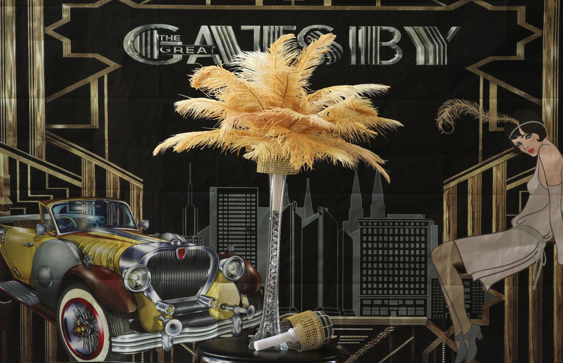 Complete Feather Centerpiece With 16" Vase (Gold) - Buy Ostrich Feathers