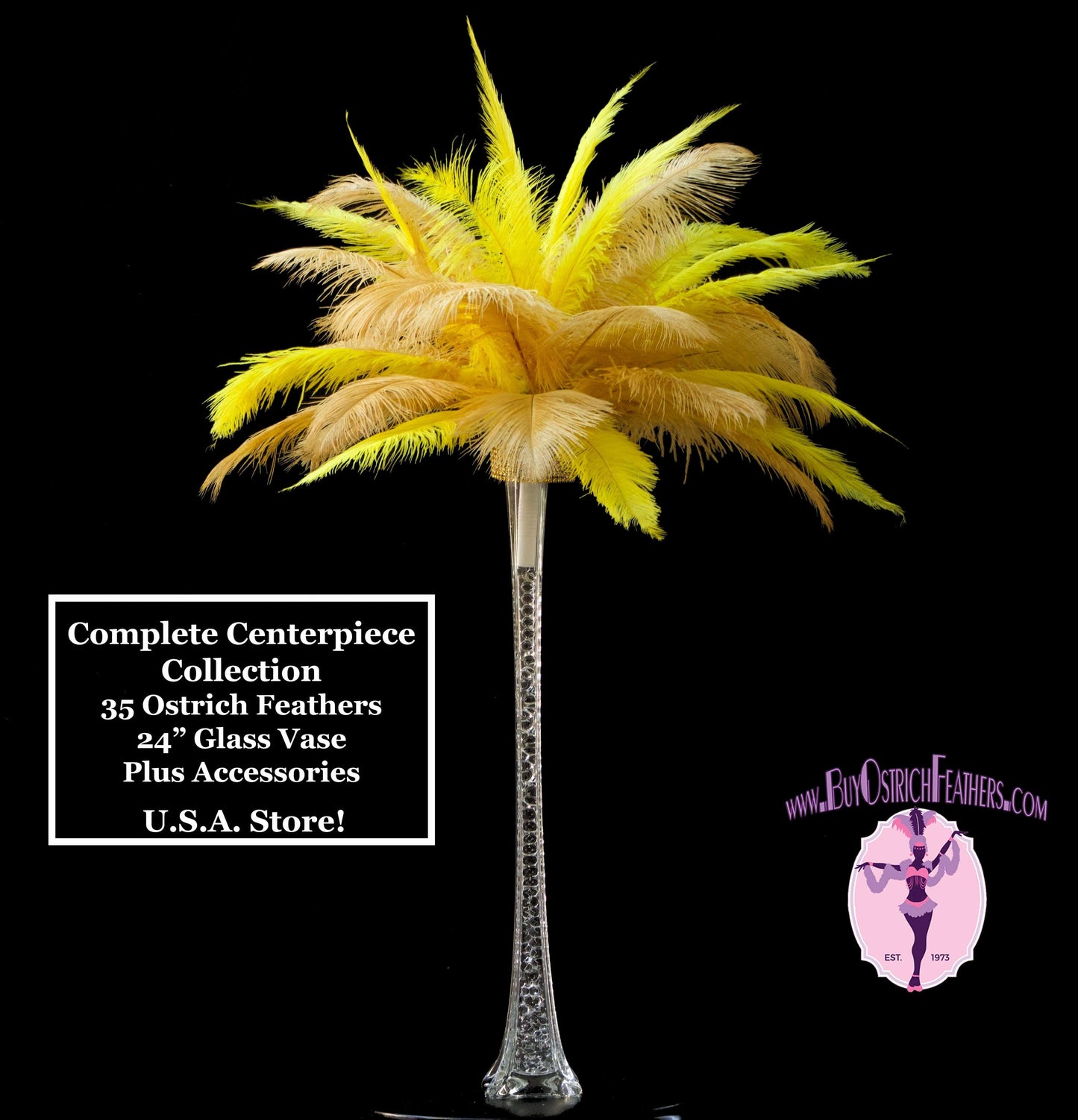 Complete Feather Centerpiece With 24" Vase (Gold & Yellow) - Buy Ostrich Feathers