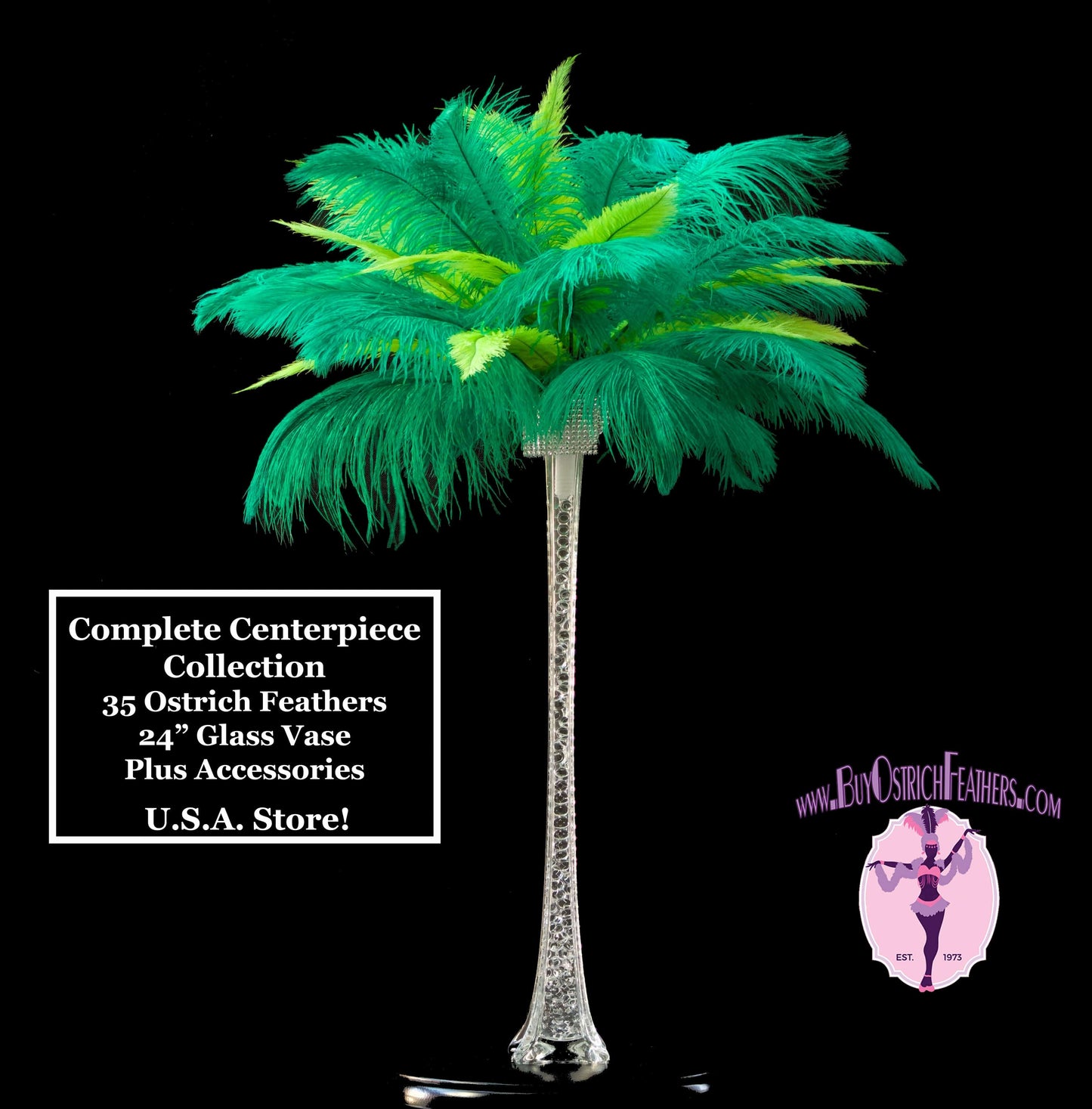 Complete Feather Centerpiece With 24" Vase (Green & Lime) - Buy Ostrich Feathers