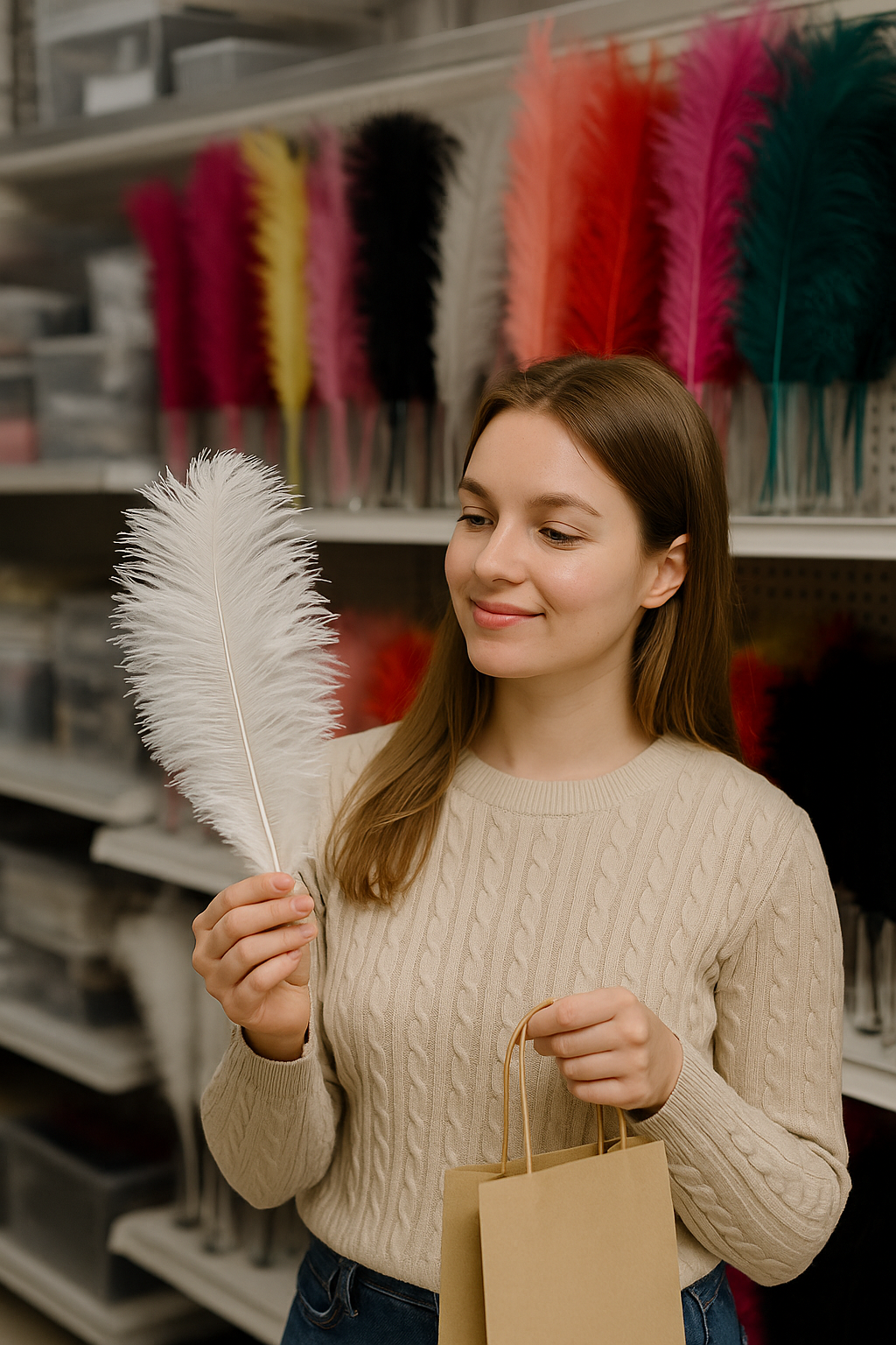 woman buying ostritch feathers