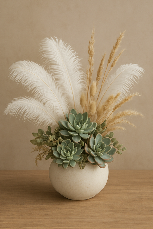 Ostrich Feathers with Succulents and Dried Grasses