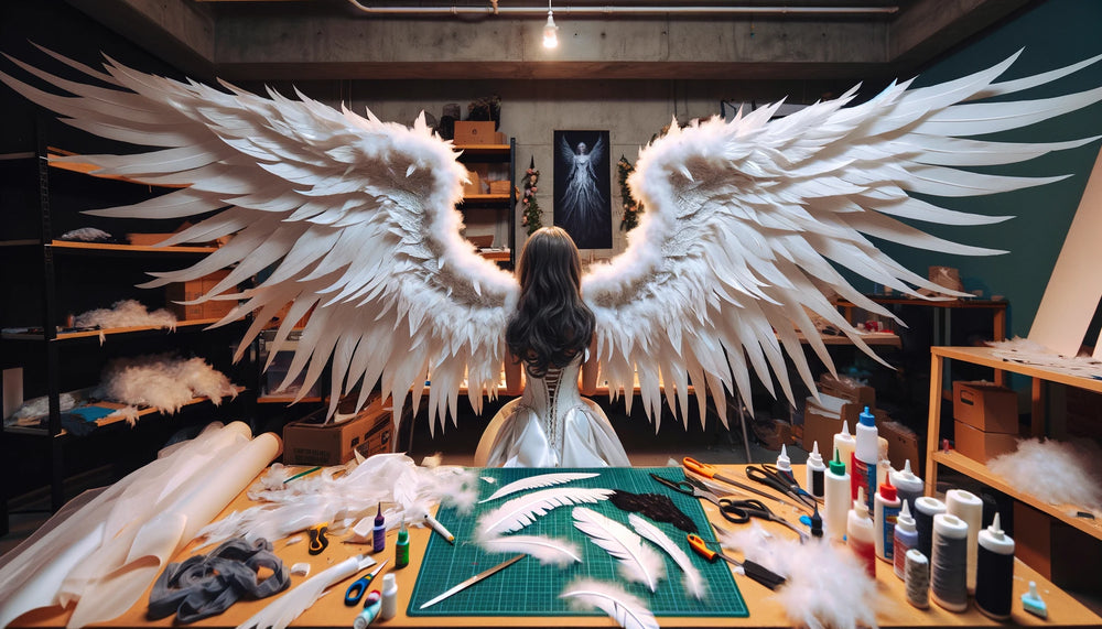 Cosplay artist crafting majestic angel wings