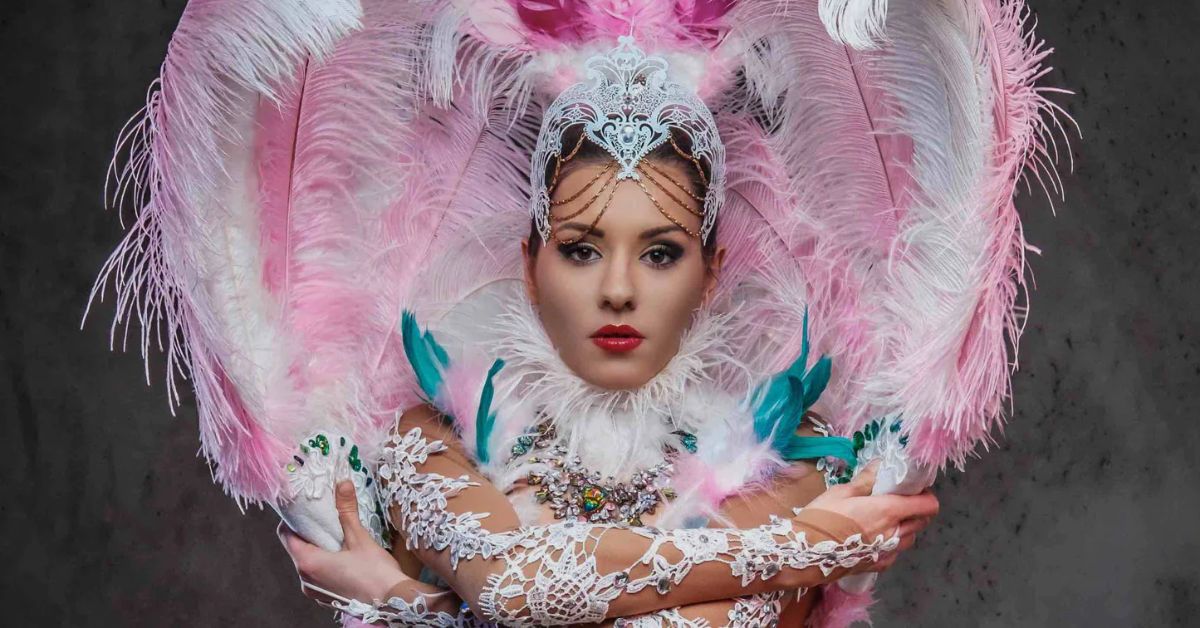 lady wearing pink ostrich feathers