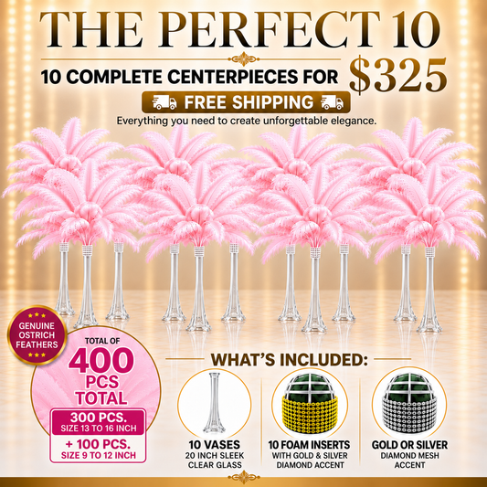 The Perfect 10 – 10 Complete Ostrich Feather Centerpiece Kit | 400 Genuine Ostrich Feathers | 24” Clear Glass Eiffel Tower Vases | Wedding & Event Party Décor | Free Shipping