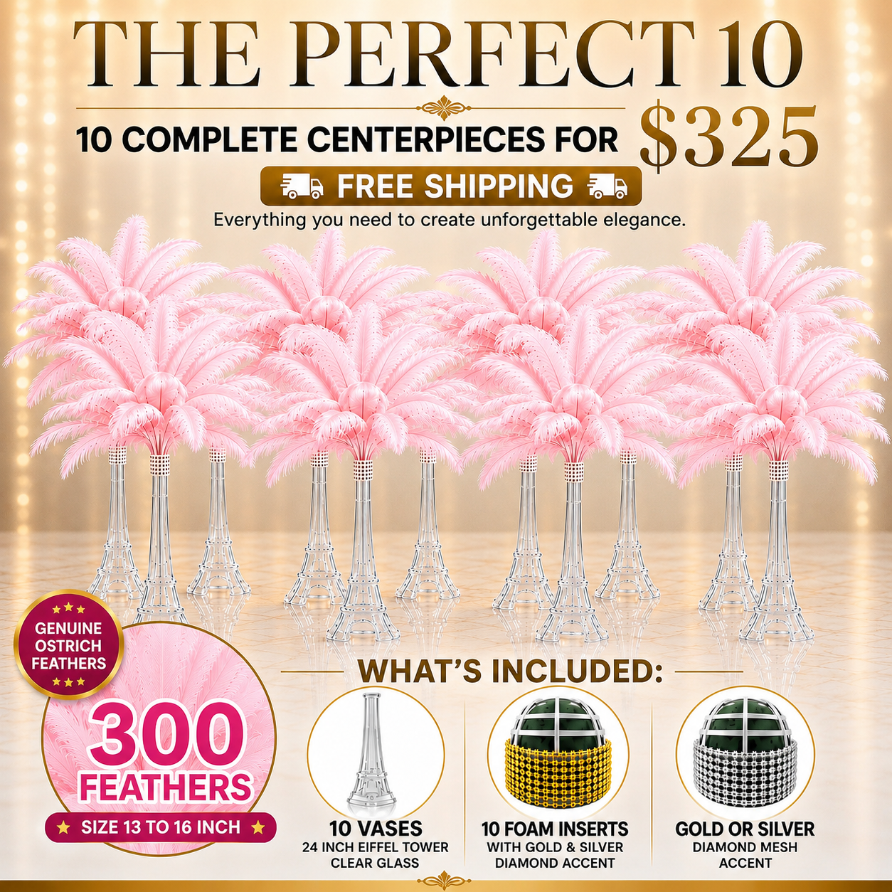 The Perfect 10 – 10 Complete Ostrich Feather Centerpiece Kit | 300 Genuine Ostrich Feathers | 24” Clear Glass Eiffel Tower Vases | Wedding & Event Party Décor | Free Shipping