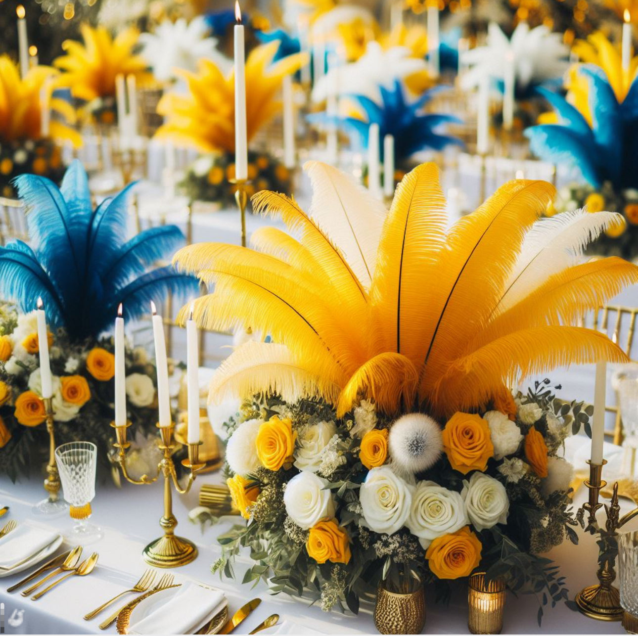 Complete Feather Centerpiece With 16" Vase (Yellow)