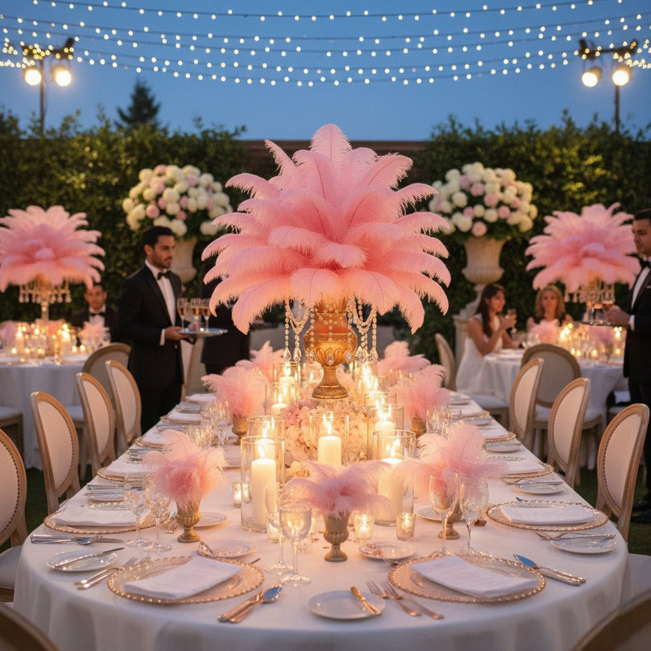 Decorative table setting with pink feather centerpieces at an outdoor event by www.buyostrichfeathers.com