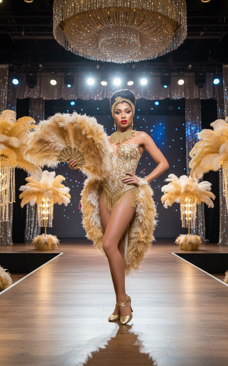 Model in a glamorous dress with feathered wings on a runway, surrounded by decorative lights and ostrich feather centerpieces by www.buyostrichfeathers.com