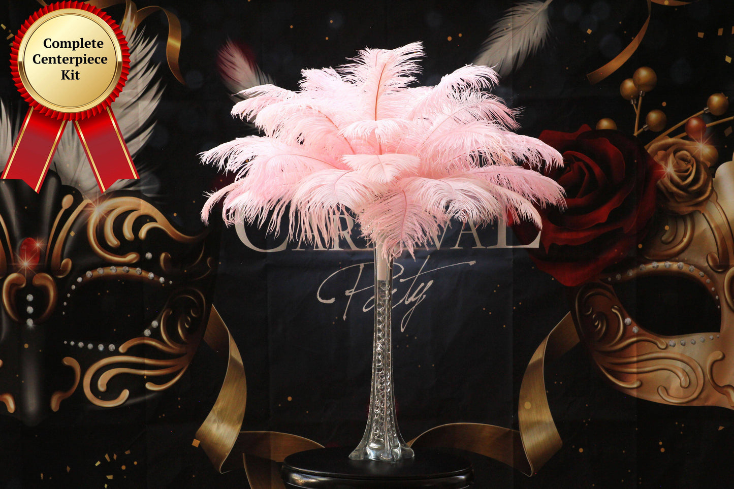 Black and Hot Pink Ostrich Feather Centerpiece With Eiffel Tower
