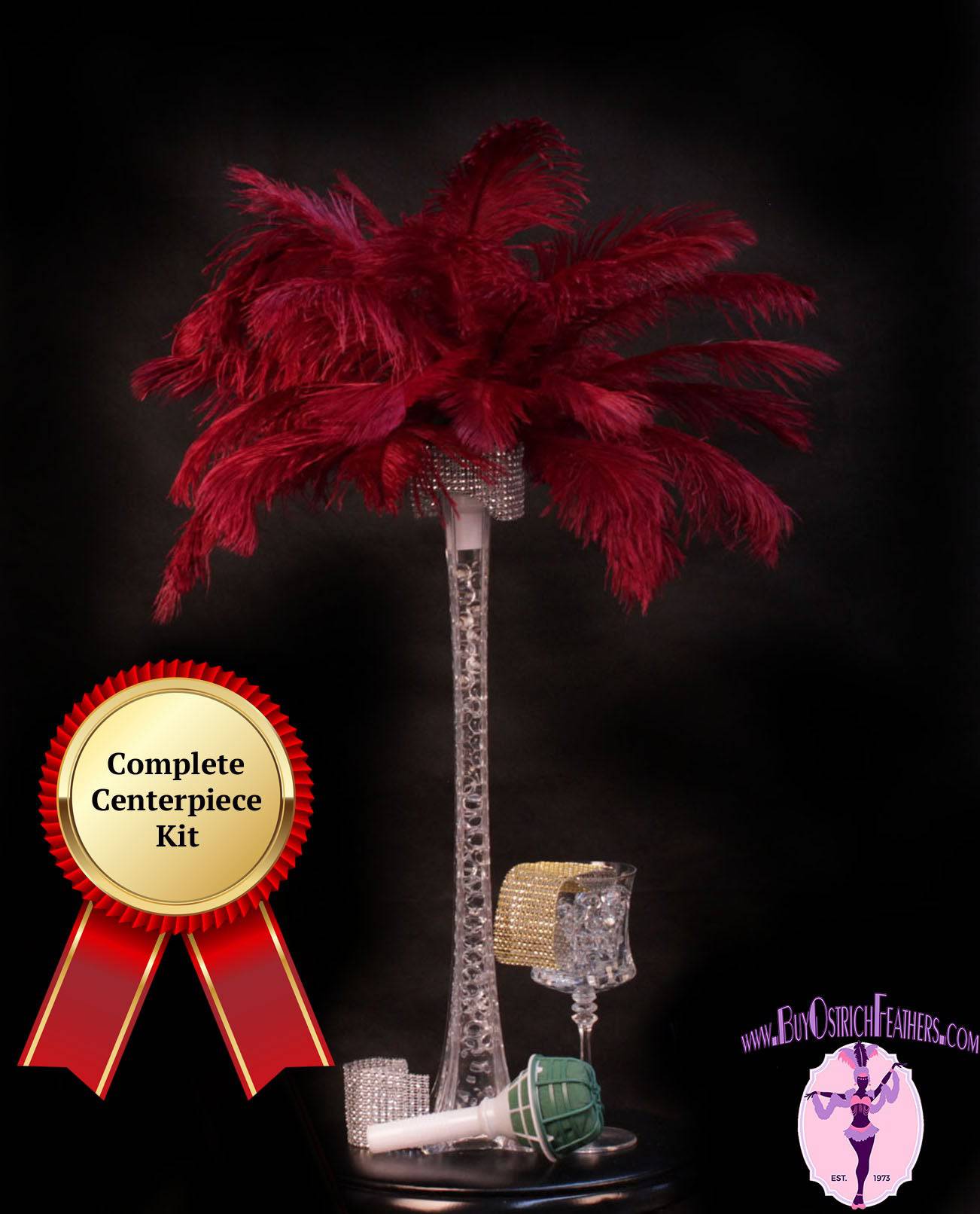 Complete Feather Centerpiece With 20" Vase (Burgundy) - Buy Ostrich Feathers