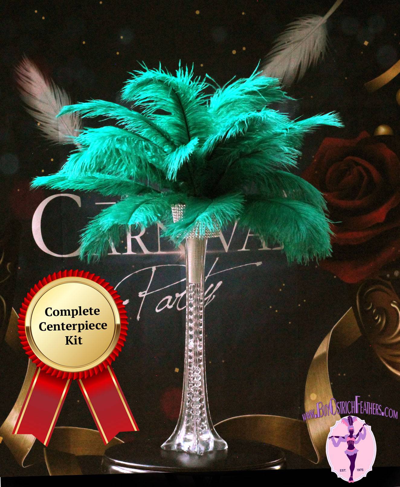 Complete Feather Centerpiece With 20" Vase (Emerald Green) - Buy Ostrich Feathers