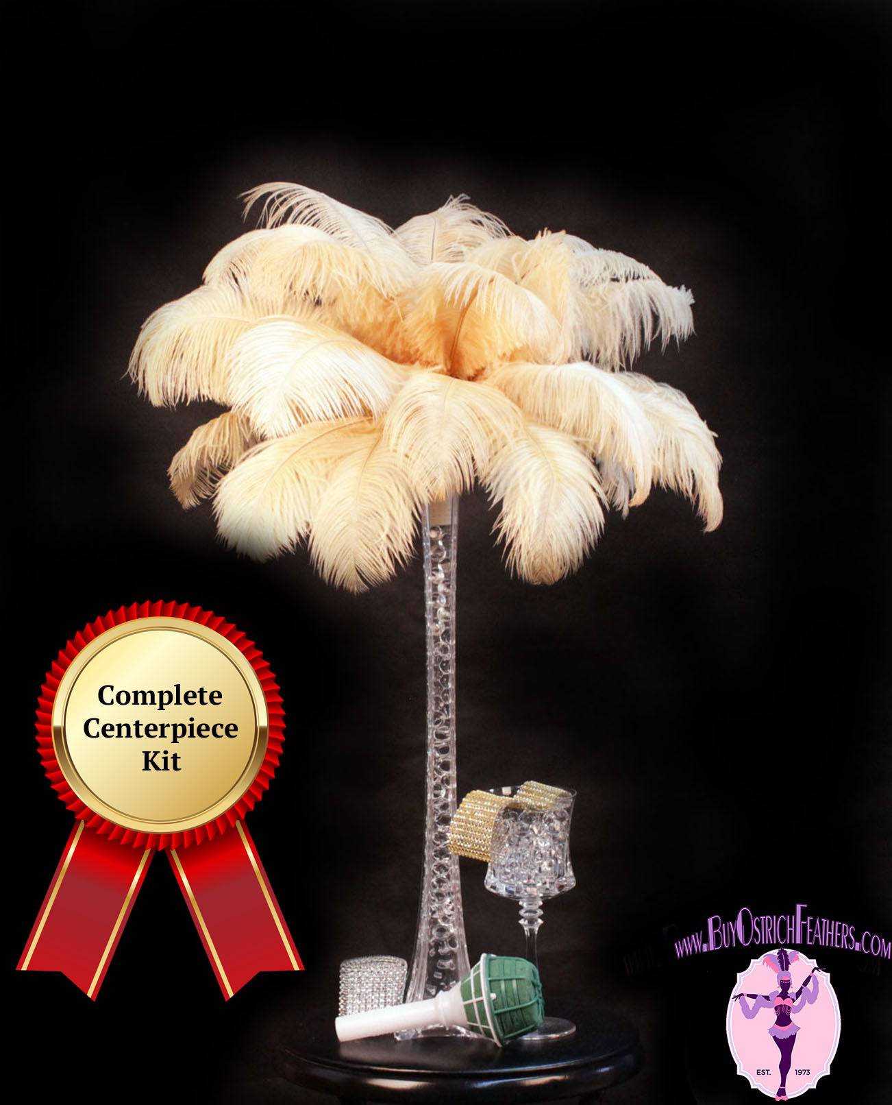 Complete Feather Centerpiece With 20" Vase (Gold) - Buy Ostrich Feathers