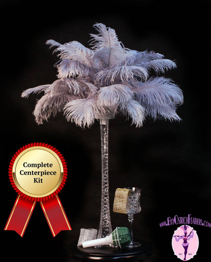 Complete Feather Centerpiece With 20" Vase (Grey/Silver) - Buy Ostrich Feathers