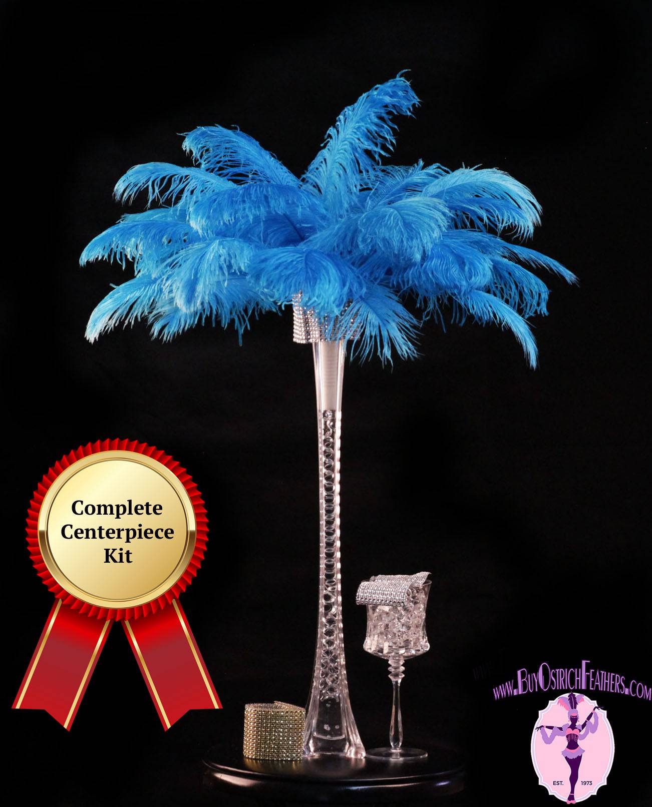 Complete Feather Centerpiece With 20" Vase (Turquoise) - Buy Ostrich Feathers