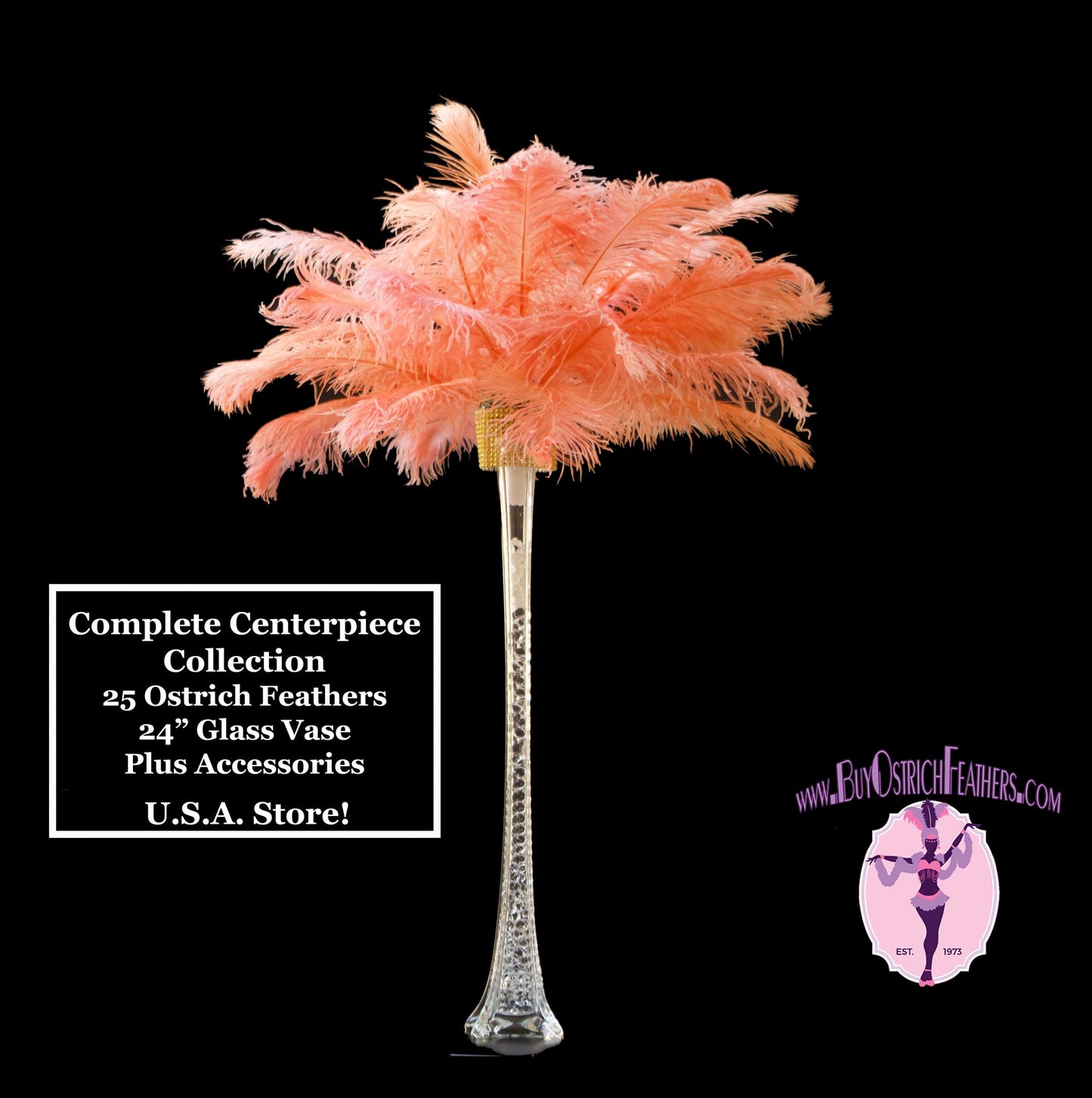 Complete Feather Centerpiece With 24" Vase (Apricot Champagne) - Buy Ostrich Feathers